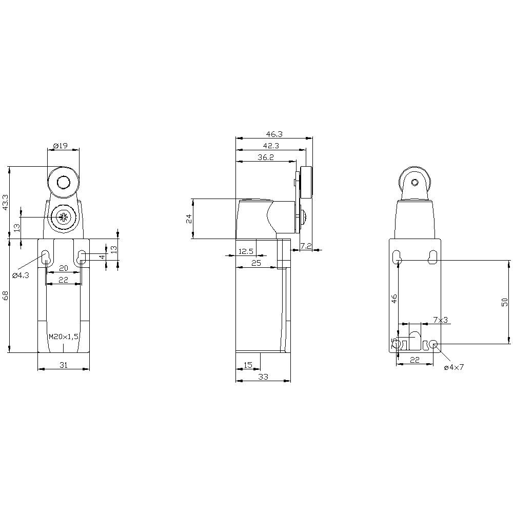 Technische Zeichnung eines mechanischen Bauteils in drei Ansichten mit spezifischen Maßangaben zur Konstruktion und Montage.