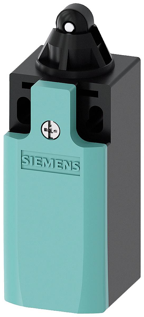 Ein blauer Endschalter von Siemens mit schwarzer Basis und Schraubenverschluss, häufig verwendet in industriellen Anwendungen.
