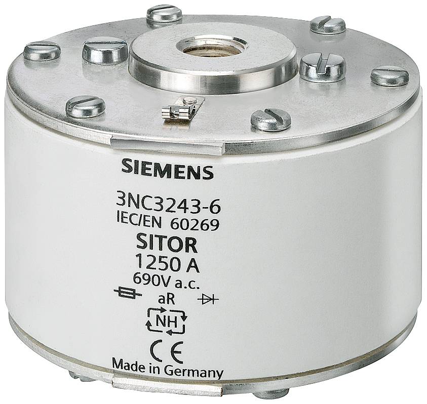 Zylinderförmige elektrische Sicherung von Siemens, Modell SITOR 3NC3243-6, 1250 A, 690 V a.c., gemäß IEC/EN 60269, 'Made in Germany'.