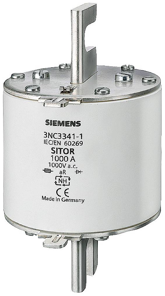 Zylindrische Hochleistungssicherung von Siemens mit Aufschrift '3NC3341-1', 1000 Ampere, 1000 Volt, hergestellt in Deutschland.