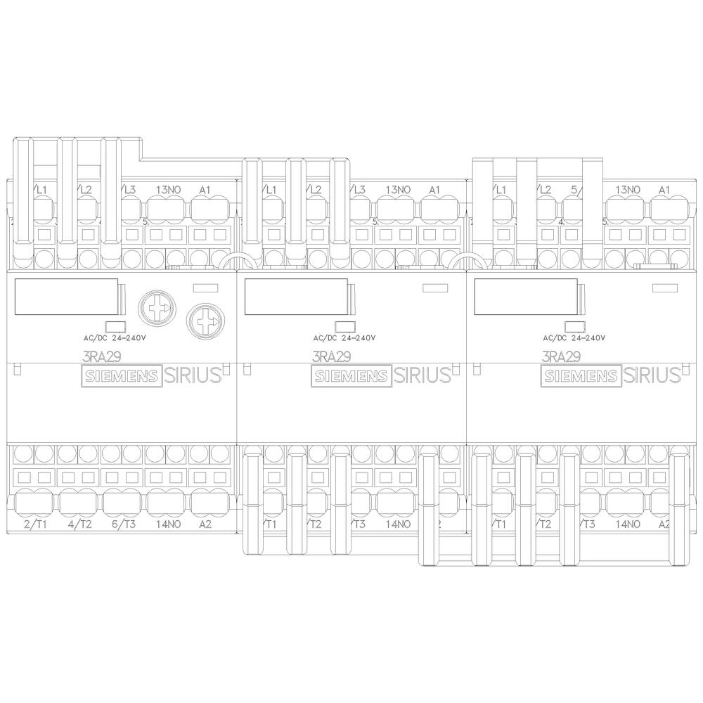 Diagramm von drei elektrischen Schaltgeräten nebeneinander, jeweils mit der Aufschrift '3RA29', von der Marke 'Siemens'.