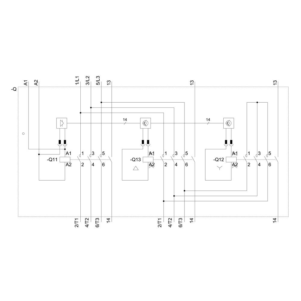 Schaltplan eines elektrischen Systems mit zwei Schütze (-Q11 und -Q12), Relais (δ) und Verbindungen für Steuerstromkreis.