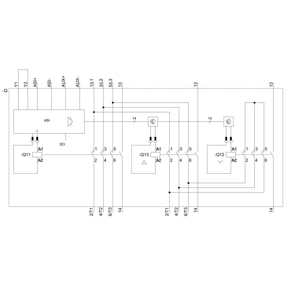 Elektrischer Schaltplan mit drei Schaltern (-Q11, -Q12, -Q13) und einem ASI-Modul. Verbindungen und Anschlüsse zwischen den Komponenten dargestellt.