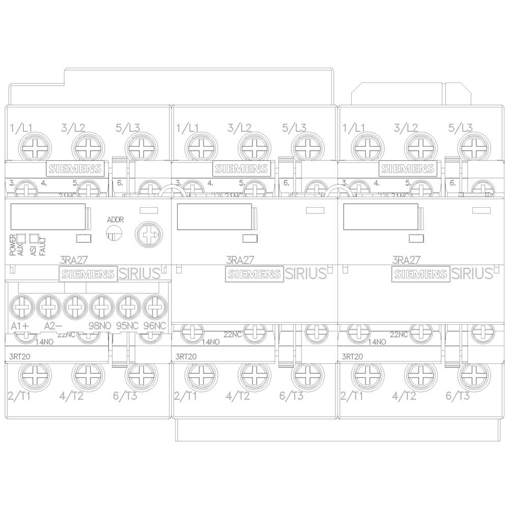 Abbildung eines Schaltgerätes von Siemens mit mehreren elektrischen Anschlüssen und Beschriftungen wie 'SIRIUS' und '3RA27'.