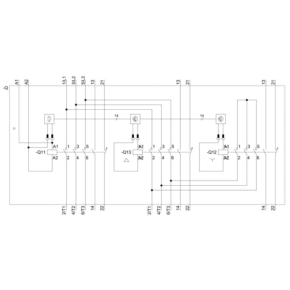 Schaltplan eines elektrischen Schaltsystems mit drei Komponenten, gekennzeichnet als -Q11, -Q12, -Q13. Zeigt Verbindungen zwischen den Teilen.