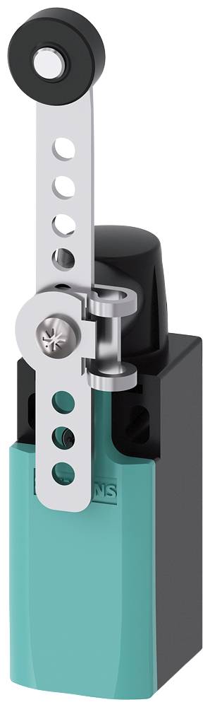 Ein Sicherheitsschalter mit grünem Gehäuse und verstellbarem Hebelarm. Der Hebel hat mehrere Löcher zur Anpassung der Position.