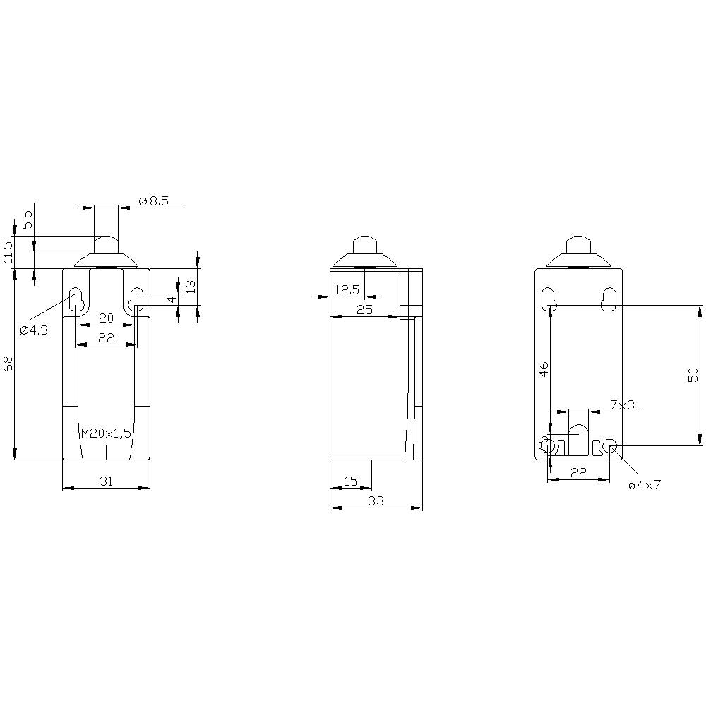 Technische Zeichnung eines rechteckigen Schalters mit Bemaßungen. Zeigt verschiedene Ansichten: Vorderansicht, Seitenansicht, Draufsicht.