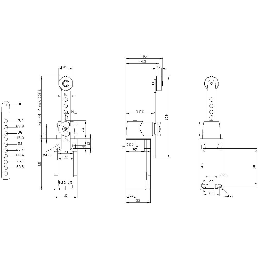 Technische Zeichnung eines mechanischen Bauteils mit mehreren Ansichten, Bemaßungen und Spezifikationen in Millimetern.