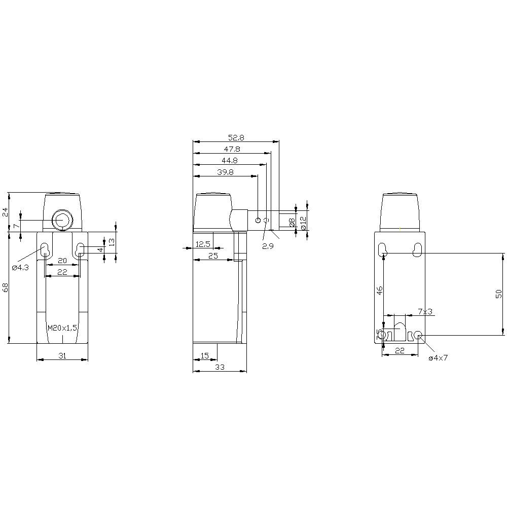 Dreiansichten-Zeichnung eines mechanischen Bauteils mit Maßangaben in Millimetern. Zeigt Vorder-, Seiten- und Draufsicht.