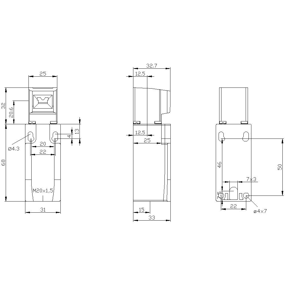 Technische Zeichnung eines mechanischen Bauteils mit Bemaßungen und Details. Zeigt Vorder-, Seiten- und Draufsicht mit Maßen in mm.