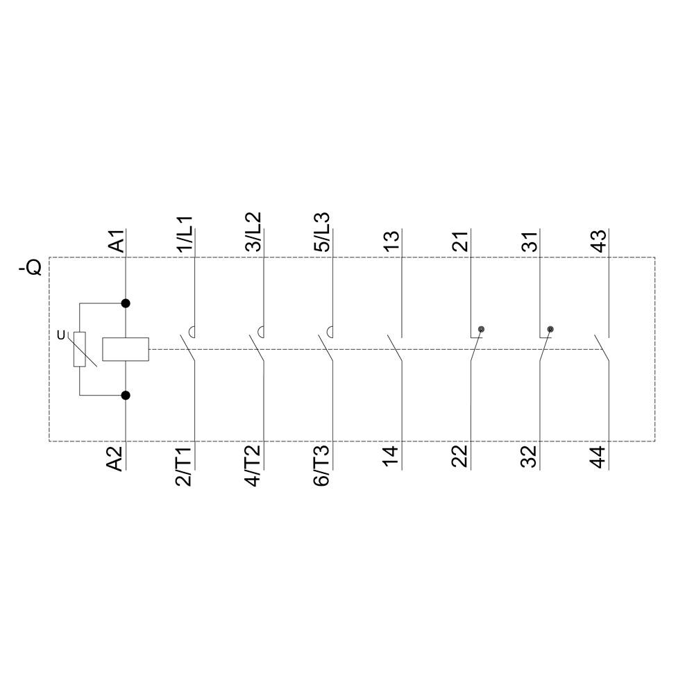 Schaltsymbol zeigt ein einfaches elektrisches Relais mit Anschlüssen A1, A2 und beschrifteten Kontakten für einphasige Steuerungen.