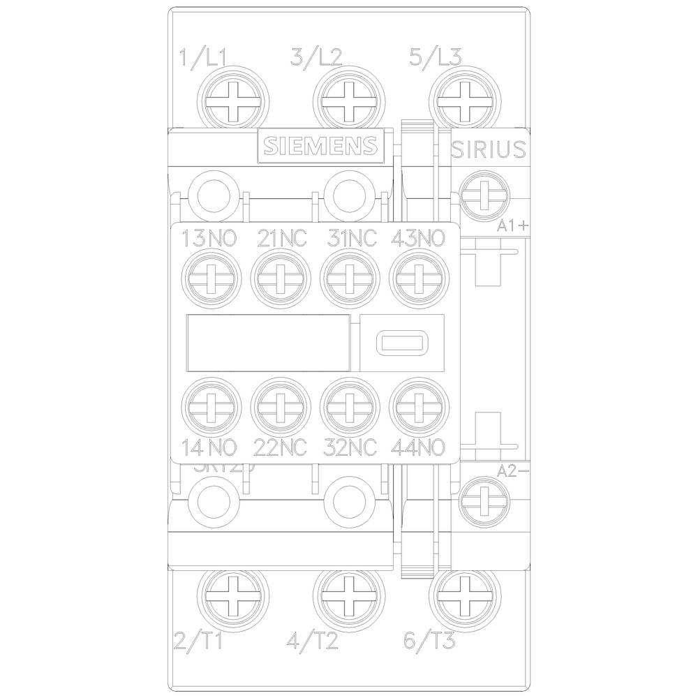 Technische Zeichnung eines elektromechanischen Schützes, Darstellung der Anschlussklemmen und Anschlüsse, mit Markierungen von 1 bis 6.