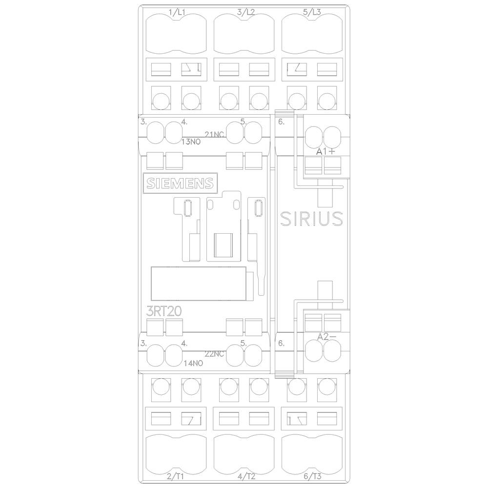 Schaltplan eines Siemens SIRIUS 3RT20 Schützes. Zeigt Anschlüsse, Kontaktbelegungen und Beschriftungen für Montage oder Installation.