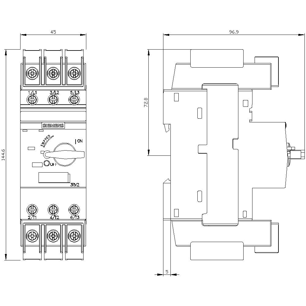 Schaltplan eines elektrischen Jalousienschalters mit Maßen: Höhe 72,8 mm, Breite 45 mm. Zeigt Vorder- und Seitenansicht.