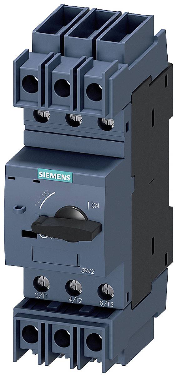 Ein blauer Leistungsschalter mit Siemens-Logo, Drehschalter für 'Ein/Aus' und sechs abgedeckte Anschlusskontakte, vertikal ausgerichtet.