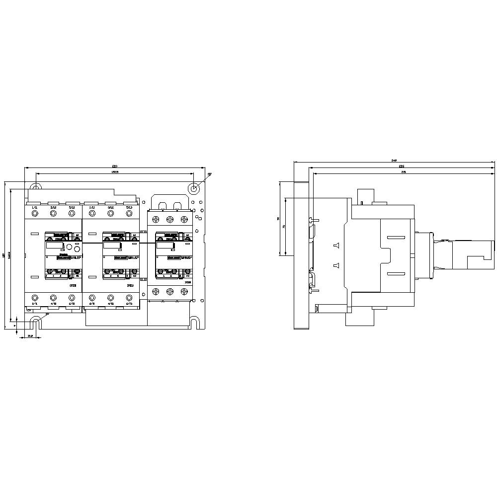 Technische Zeichnung eines elektrischen Schalters in Vorder- und Seitenansicht mit detaillierten Abmessungen und Komponentenkennzeichnung.