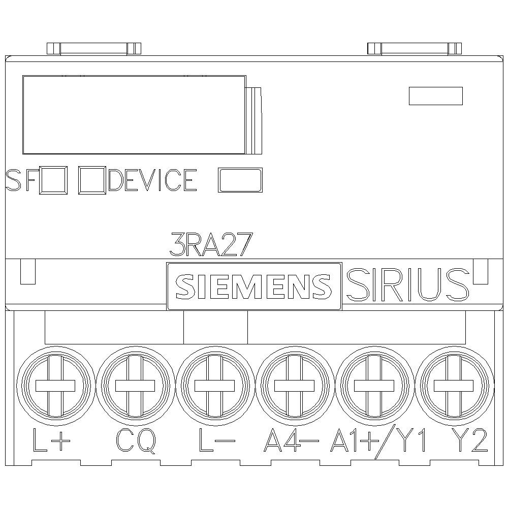 Schaltgerät mit Anschlüssen für L+, CQ, L-, A4-, A1-/Y1, Y2. Markierung: 'SIEMENS SIRIUS' und '3RA27'. Anzeige für 'SF' und 'DEVICE'.
