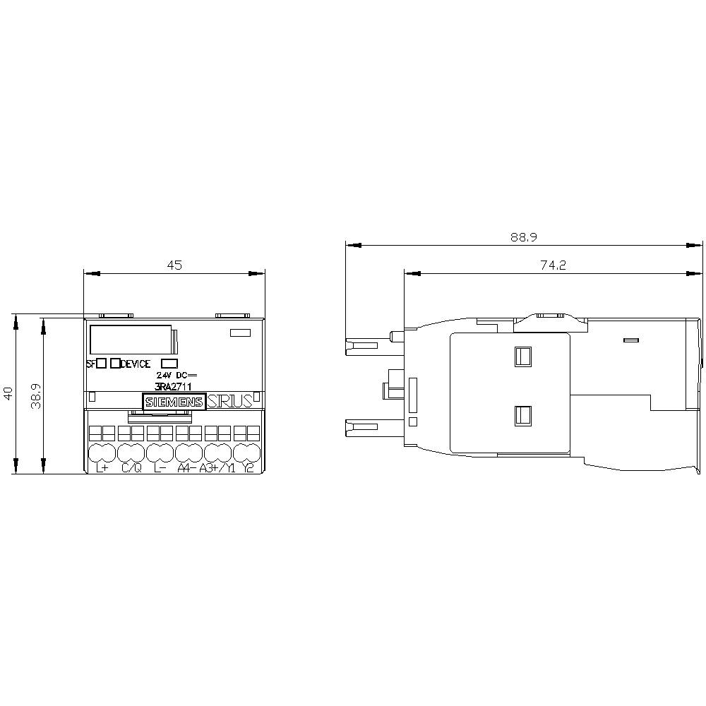 Technische Zeichnung eines elektronischen Geräts mit Abmessungen: Breite 45 mm, Tiefe 88,9 mm. Details zeigen Anschlüsse und Gehäuseform.