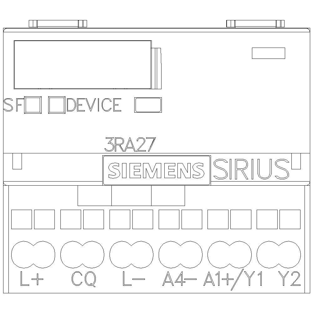 'Siemens Sirius' Steuerungsmodul mit Beschriftungen: SF, Device, 3RA27, und verschiedenen Anschlüssen im unteren Bereich.