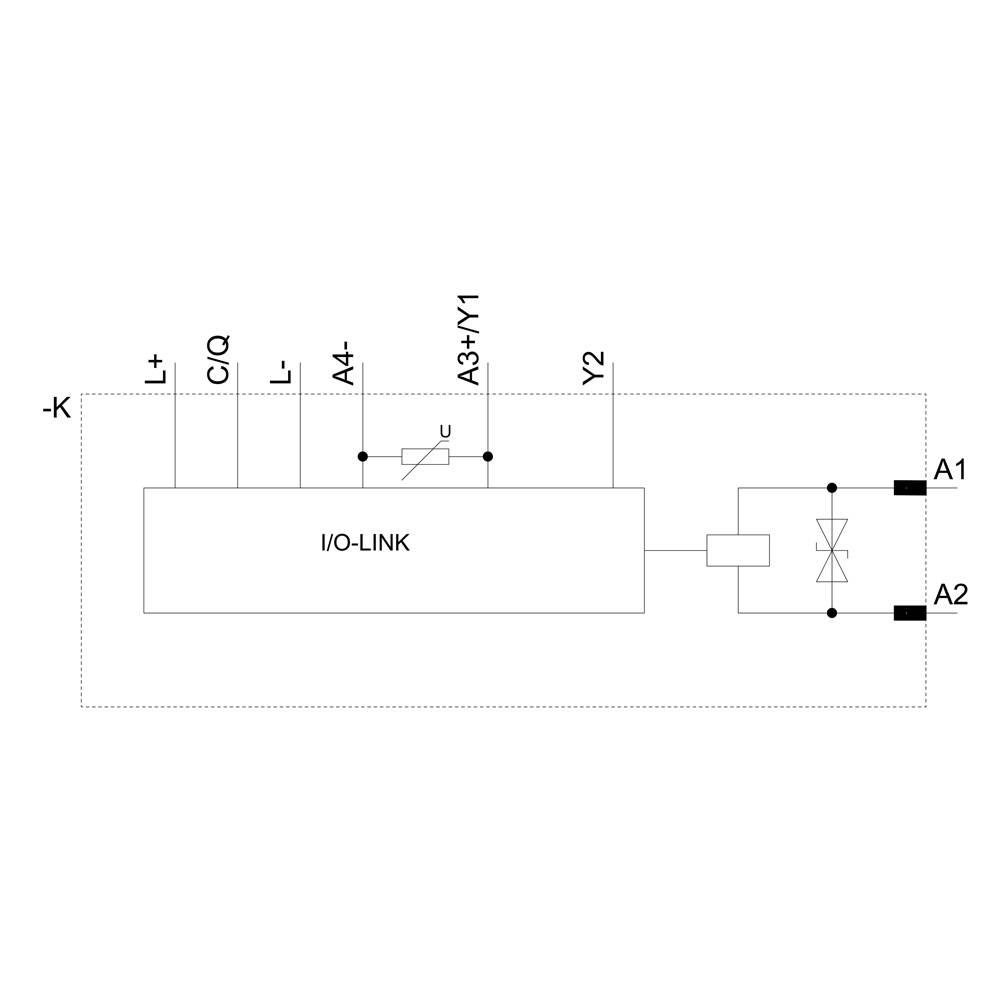 Diagramm zeigt I/O-Link-Anschluss mit Belegung: +, C/Q, L-, A4-, A3+/Y1, Y2. Schaltkreis endet bei Punkten A1 und A2 mit Verbindung.