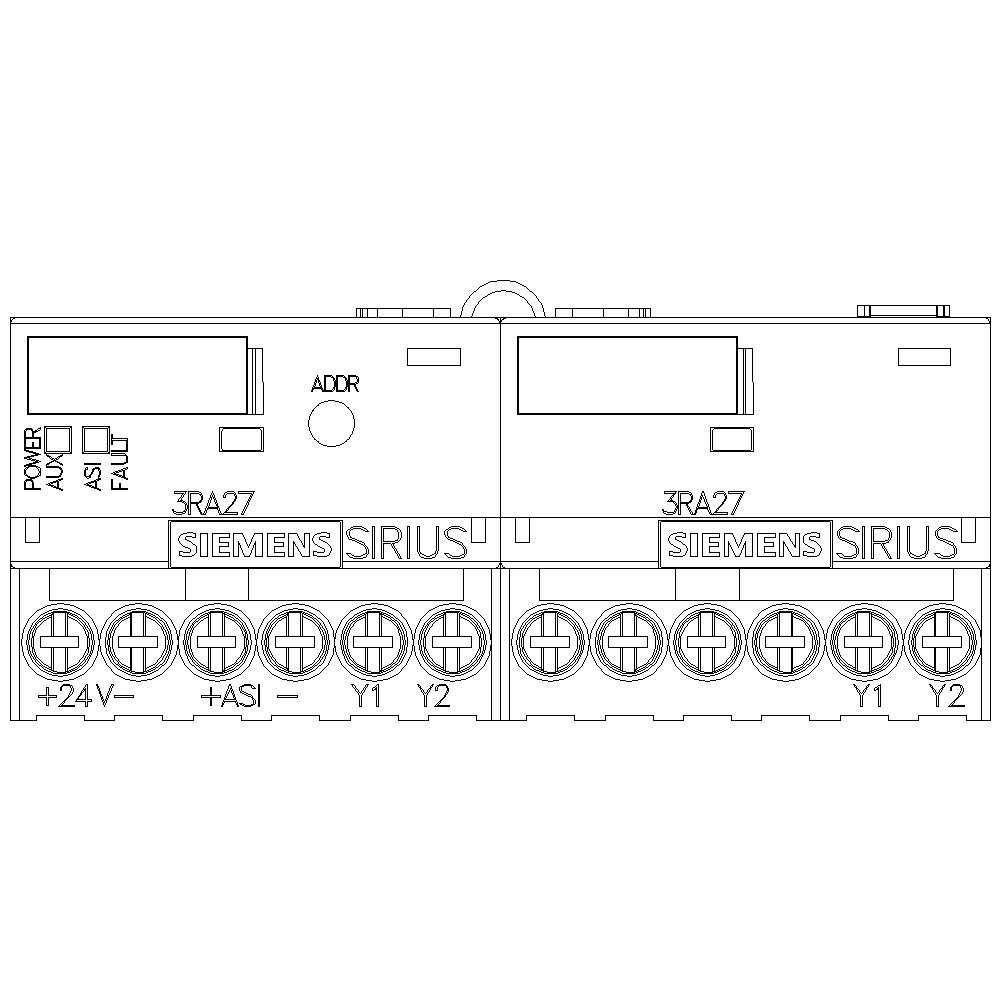 Zwei nebeneinander platzierte elektronische Module, bezeichnet mit '3RA27'. Anschlüsse unten sind mit '+24V', '+ASI', 'Y1', 'Y2' beschriftet. Oben: 'ADDR', 'POWER', 'ASI', 'FAULT'.