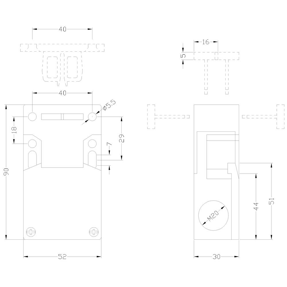Technische Zeichnung eines Bauteils mit Abmessungen. Links Draufsicht, rechts Seitenansicht. Maße und Positionen sind markiert.