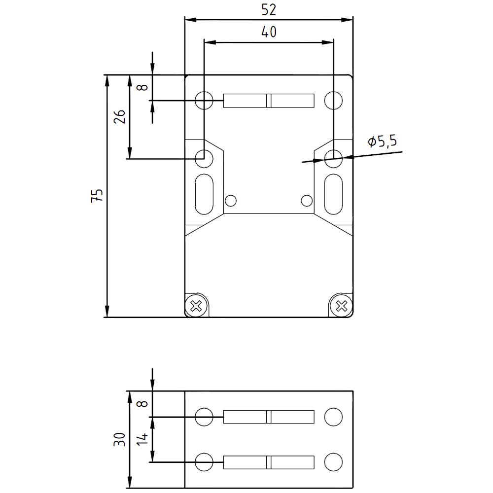 Technische Zeichnung eines rechteckigen Metallteils mit Bemaßungen (75x52 mm) und Schraubenlöchern (Durchmesser 5,5 mm).