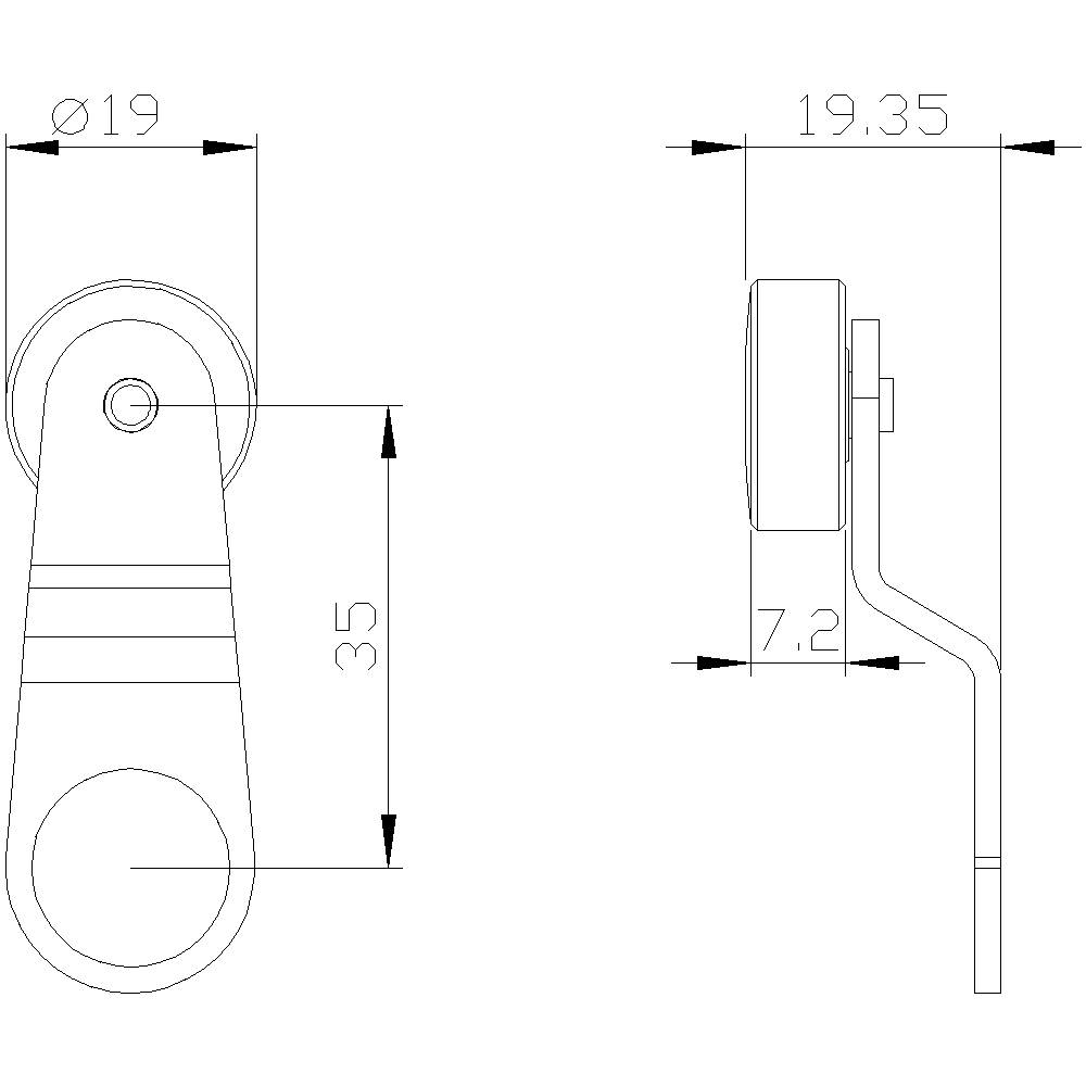 Technische Zeichnung eines zylindrischen Objekts mit Maßen: Ø19, 35 mm Länge, 19,35 mm Breite, 7,2 mm Tiefe. Seiten- und Draufsicht.