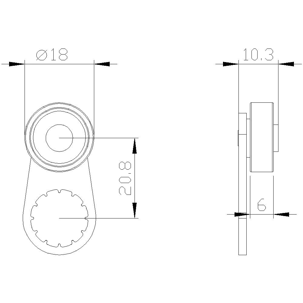Technische Zeichnung eines runden Bauteils mit Maßen: Durchmesser 18 mm, Höhe 10,3 mm, Breite der Halterung 6 mm, Gesamthöhe 20,8 mm.