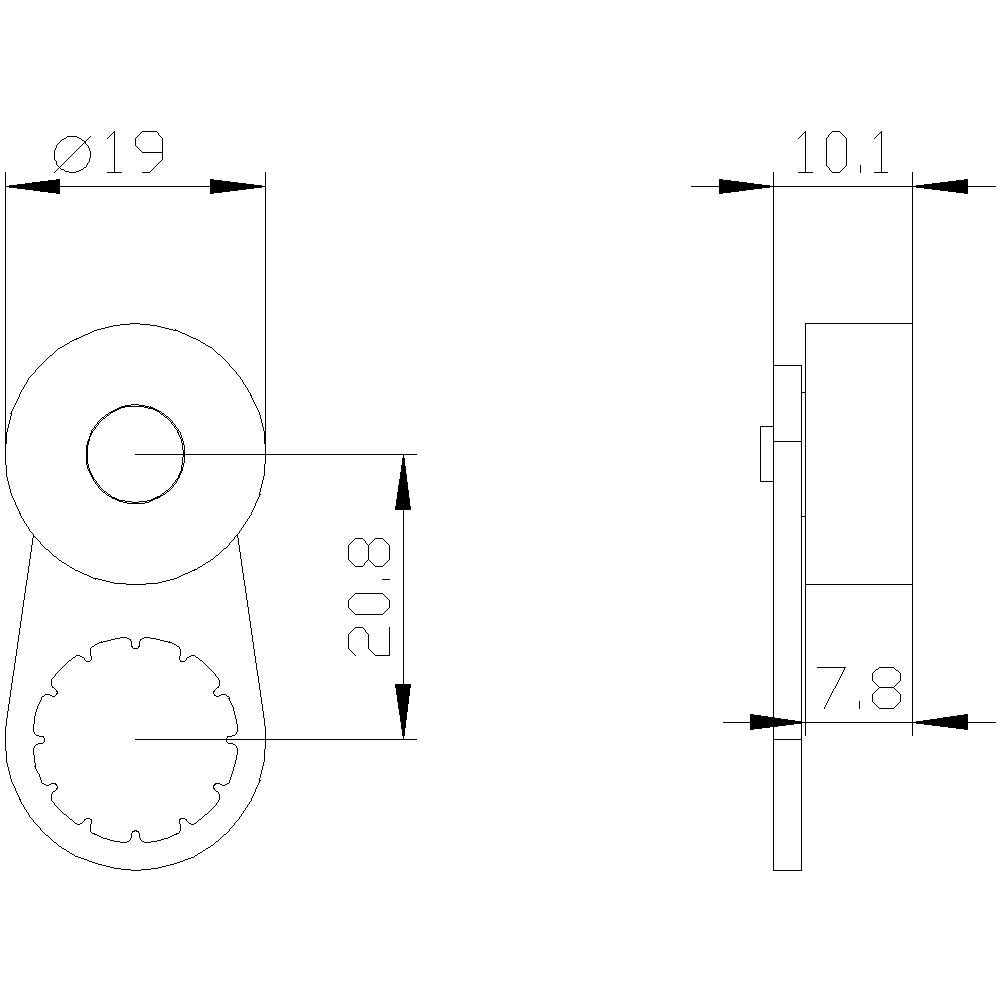Technische Zeichnung eines Bauteils mit zwei Ansichten: Vorderansicht zeigt Länge 20,8 mm, Bohrung Ø19 mm; Seitenansicht zeigt Dicke 10,1 mm, Detail von 7,8 mm.