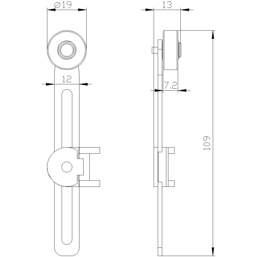 Technische Zeichnung eines Bauteils mit zwei Ansichten. Maße: Durchmesser 19 mm, seitliche Ansicht 109 mm Länge, 13 mm Breite, 7,2 mm Tiefe.