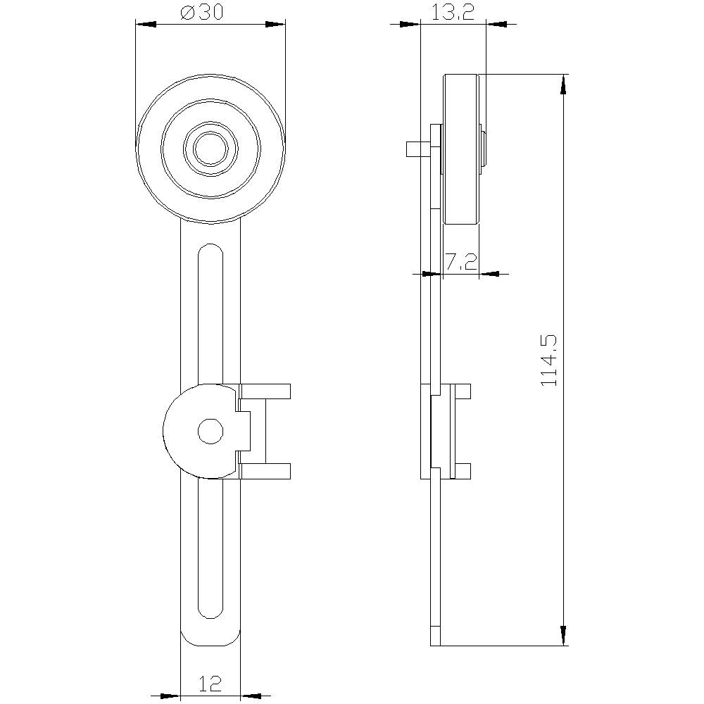Zeichnung einer technischen Komponente mit Maßen: Gesamtlänge 114,5 mm, Breite 30 mm, Dicke 12 mm, seitliche Ansicht zeigt 7,2 mm Stange.