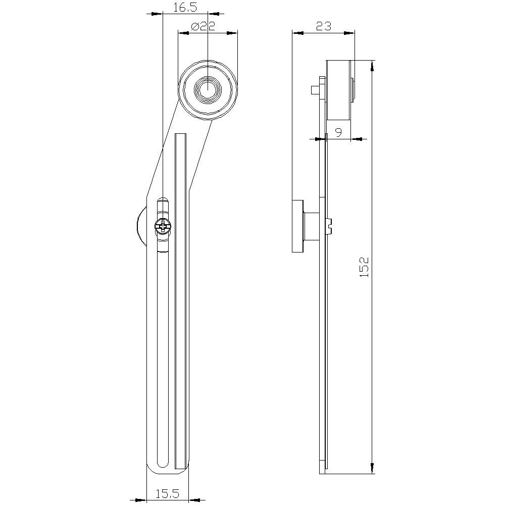 Technische Zeichnung eines Hebels mit Maßen. Links: Seitenansicht, Länge 152 mm, Breite bis 16,5 mm. Rechts: Frontansicht.