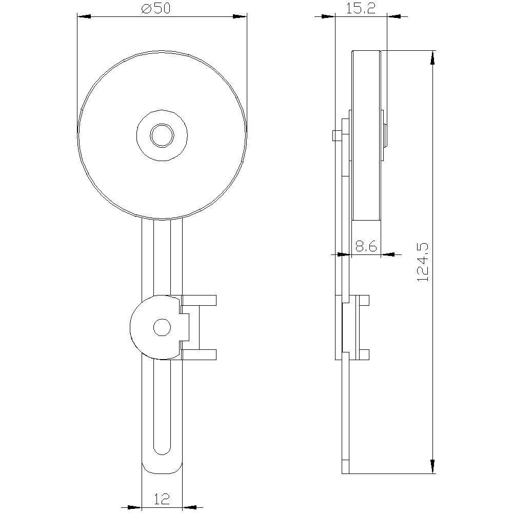 Technische Zeichnung eines runden Bauteils mit Maßen: Durchmesser 50, Höhe 15,2, Breite 8,6 und Gesamthöhe 124,5 Millimeter.