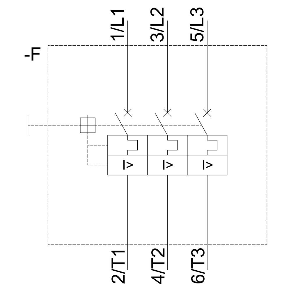 Automatisierungsschema zeigt einen Schütz mit drei geschlossenen Kontakten; beschriftet mit '1/L1', '3/L2', '5/L3', '2/T1', '4/T2', '6/T3'.