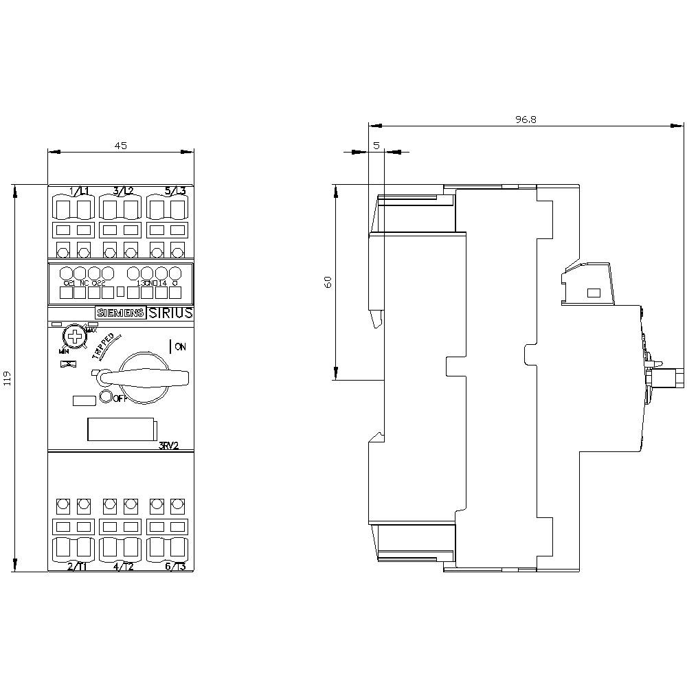 Elektrobauteil-Designzeichnung mit Maßen. Zeigt Vorder- und Seitenansicht eines elektrischen Schalters mit etlichen Anschlüssen und Maßen.