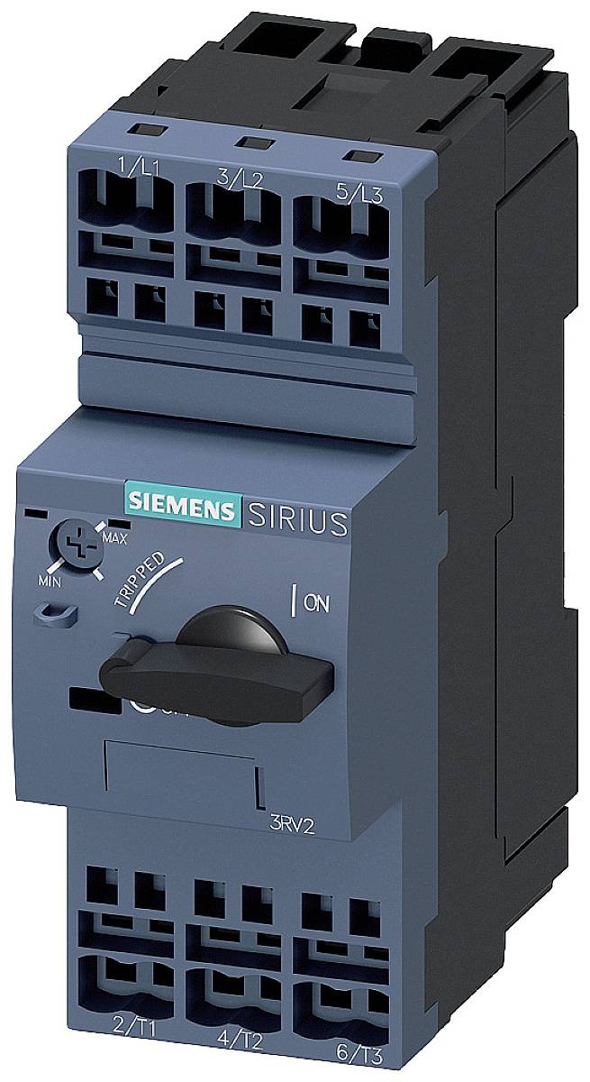 'Siemens SIRIUS Motorschutzschalter in Blauschwarz, zeigt den Kippschalter in 'ON'-Position, mit mehreren Anschlussklemmen sichtbar.'