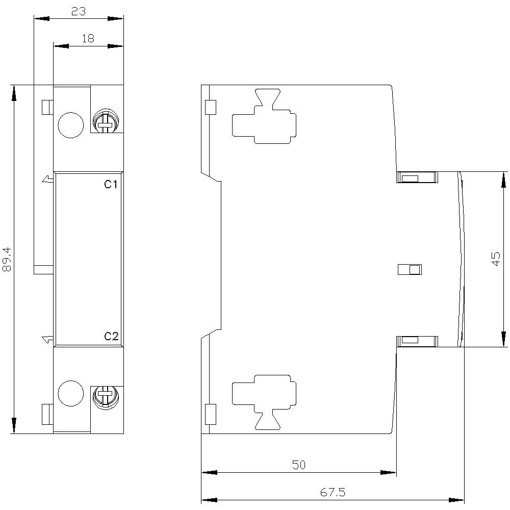 Technische Zeichnung eines elektrischen Bauteils mit Front- und Seitenansicht. Maße sind in Millimetern angegeben. Links: 89x18mm, rechts: 67.5x45mm.