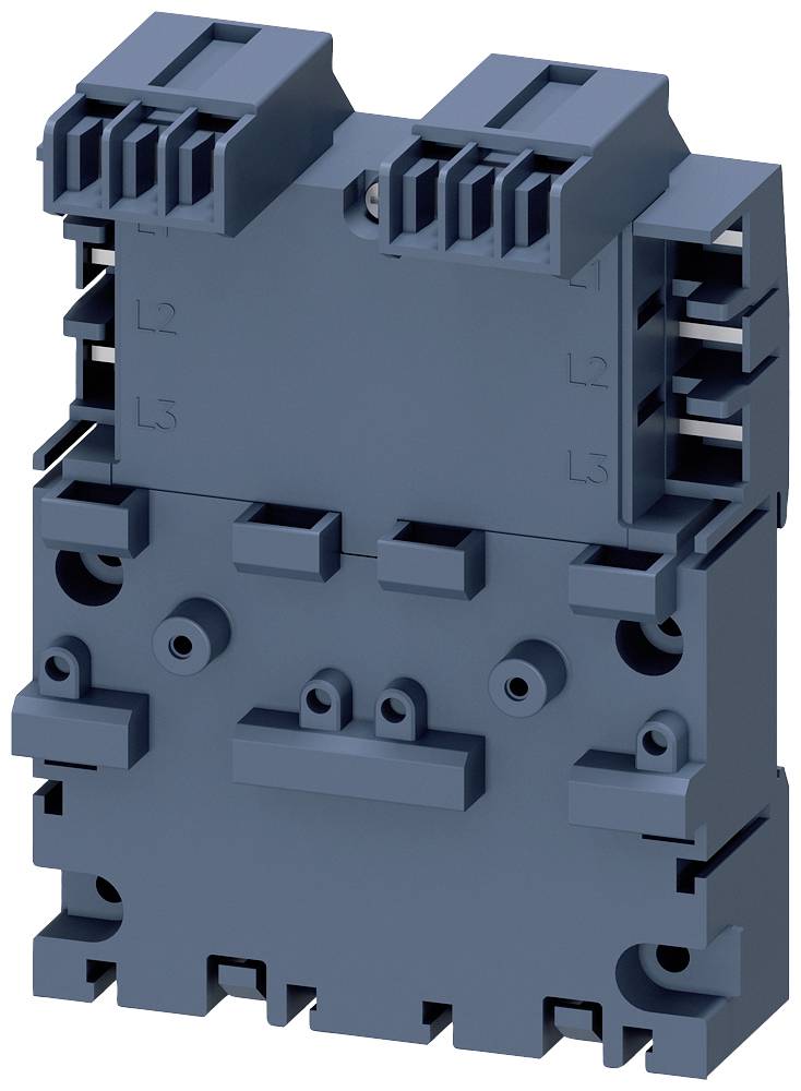 Ein blaues elektrisches Steckmodul zur Montage auf einer Tragschiene, mit mehreren Anschlussklemmen oben und unten.