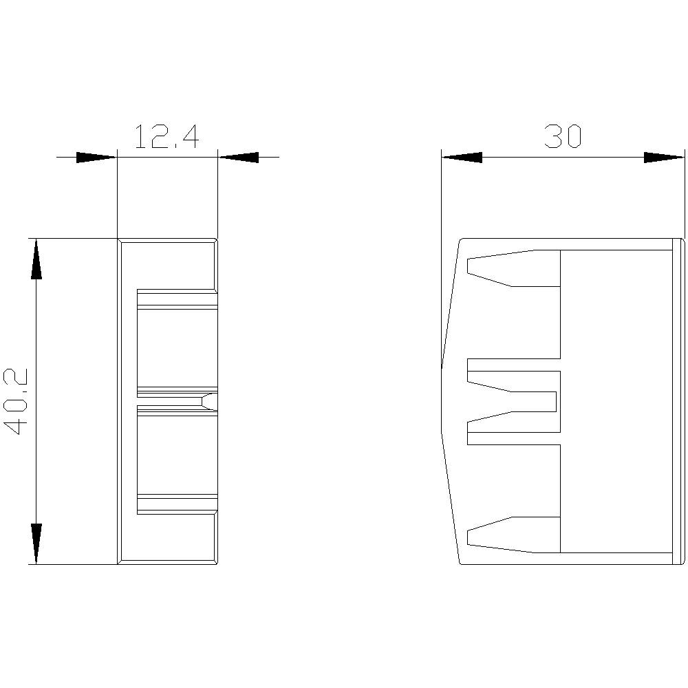Technische Zeichnung eines rechteckigen Objekts mit den Maßen 40,2 x 12,4 x 30, zeigt eine Seiten- und Draufsicht mit internen Merkmalen.