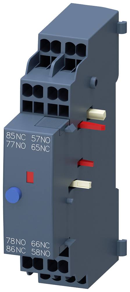 Ein dunkelblaues, rechteckiges elektrisches Schaltgerät mit mehreren Anschlüssen und Schaltern, Beschriftungen wie '85NC', '77NO' sichtbar.