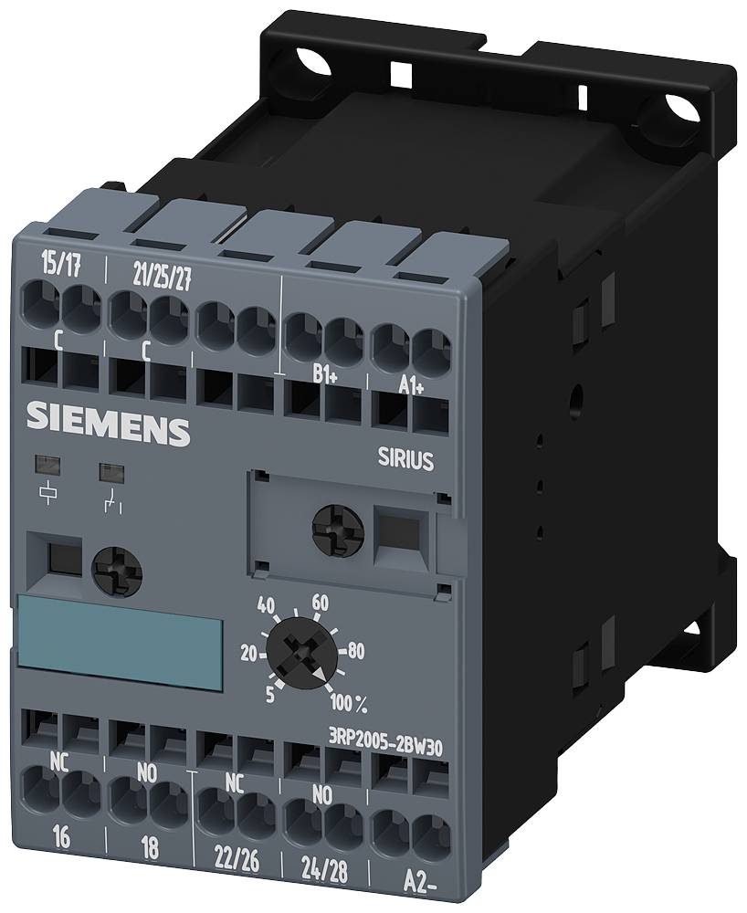 Digitales Zeitrelais der Marke Siemens, Modell SIRIUS 3RP2005, mit mehreren Anschlussklemmen und einem Drehknopf zur Zeitverstellung.