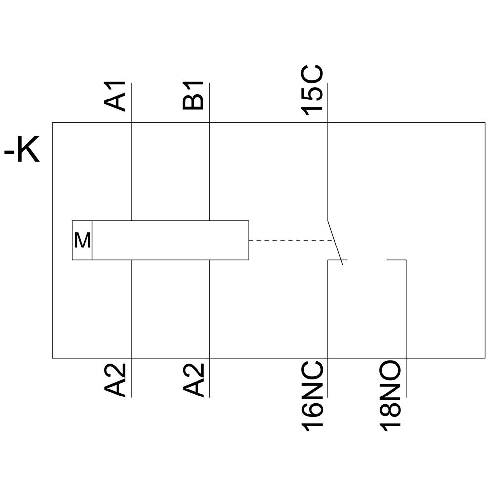 'K' ist ein Diagramm eines Schaltplans mit den Anschlüssen A1, B1, A2, 15C, 16NC, 18NO. 'M' ist mit 15C verbunden.