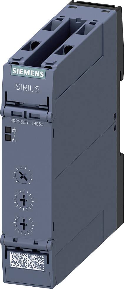 Ein blaues elektronisches Gerät von Siemens, beschriftet mit 'SIRIUS'. Es hat Drehknöpfe auf der Vorderseite und einen QR-Code unten.