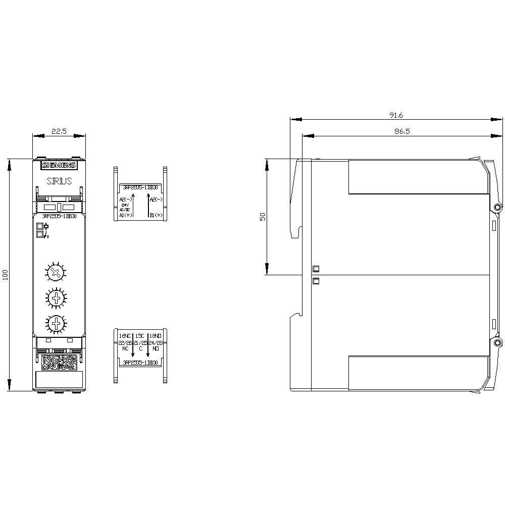Technische Zeichnung eines elektrischen Relais mit Frontansicht und Seitenansicht. Zeigt Abmessungen, Details und Anschlussdiagramm.