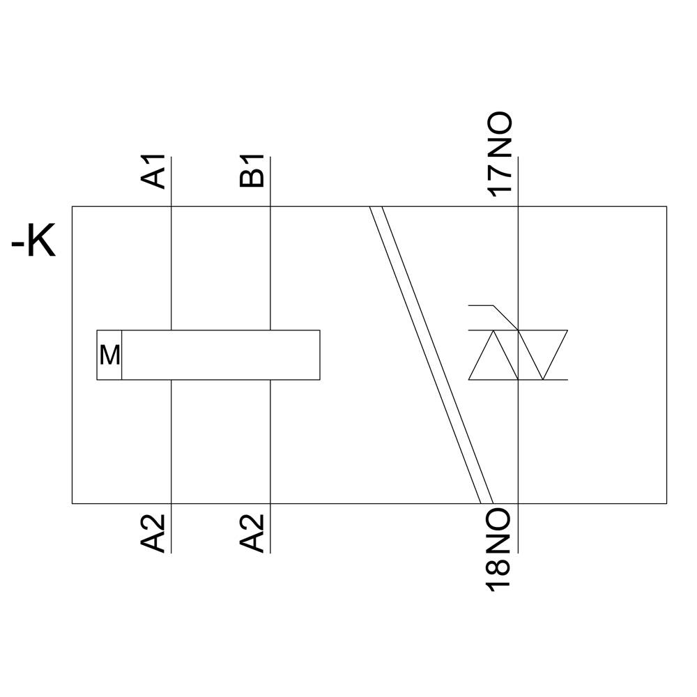 Schaltplan einer elektrischen Anordnung mit einer Motoranzeige 'M' und mehreren Verbindungspunkten wie A1, A2, B1, 17NO, und 18NO.