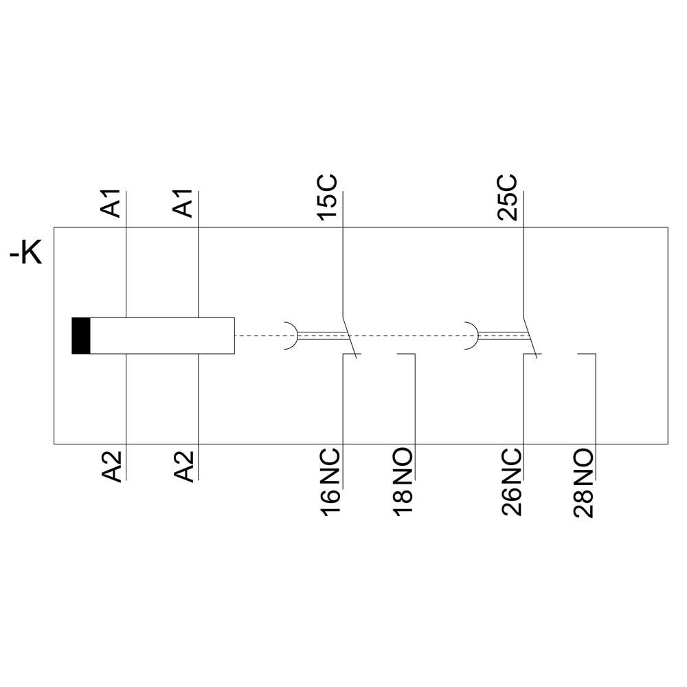 Elektrisches Schaltplandiagramm zeigt einen Linearschalter mit Kontakten A1, A2, 15C, 16NC, 18NO, 25C, 26NC, 28NO auf einer horizontalen Achse.