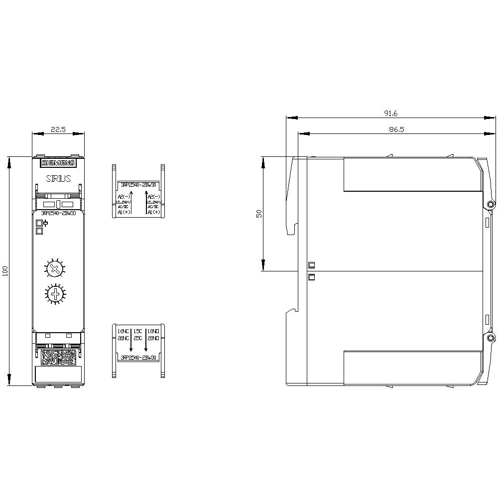 Technische Zeichnung eines Schaltgeräts mit Detailansicht: Maße 22,5 mm Breite, 91,6 mm Länge. Zwei Diagramme zeigen Anschlüsse.