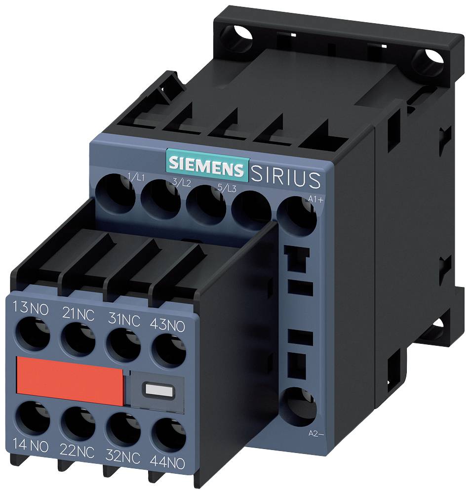 Ein elektrischer Schütz von Siemens, Modell Sirius, mit verschiedenen Anschlussklemmen und einem roten Schalter zur Steuerung von Stromkreisen.