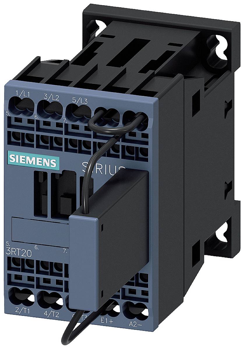 'Siemens SIRIUS Schütz 3RT20', elektrisches Schaltgerät mit mehreren Anschlussklemmen und Kabel, montierbar auf DIN-Schiene.